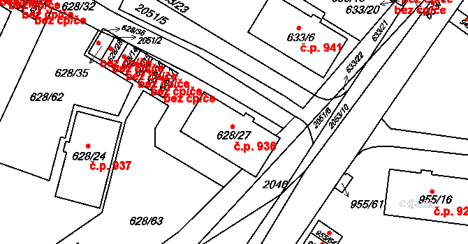 Košíře 936, Praha na parcele st. 628/27 v KÚ Košíře, Katastrální mapa