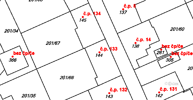 Podluhy 133 na parcele st. 144 v KÚ Podluhy, Katastrální mapa