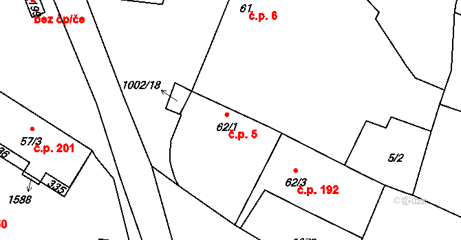 Břežany II 5 na parcele st. 62/1 v KÚ Břežany II, Katastrální mapa
