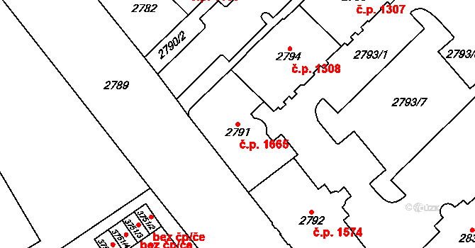 Chomutov 1665 na parcele st. 2791 v KÚ Chomutov I, Katastrální mapa