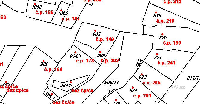 Blučina 302 na parcele st. 966 v KÚ Blučina, Katastrální mapa
