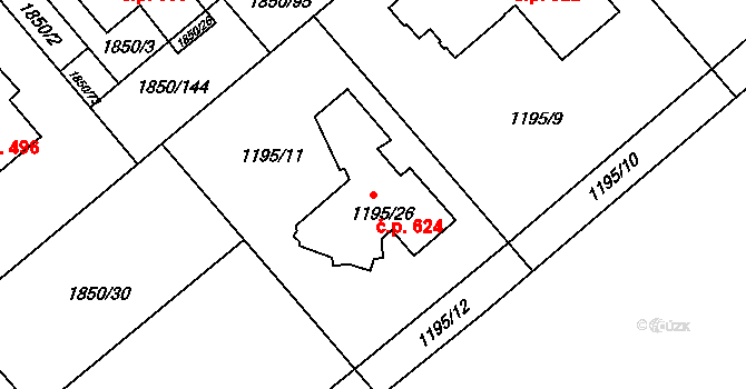 Krásné Pole 624, Ostrava na parcele st. 1195/26 v KÚ Krásné Pole, Katastrální mapa