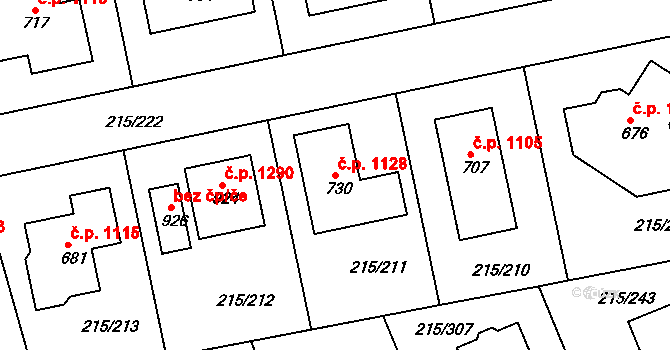 Rudná 1128 na parcele st. 730 v KÚ Hořelice, Katastrální mapa