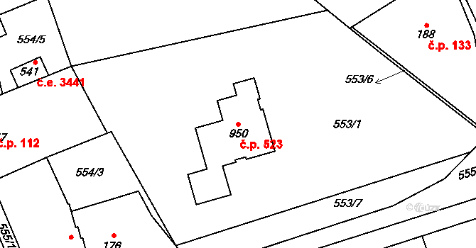 Mladcová 523, Zlín na parcele st. 950 v KÚ Mladcová, Katastrální mapa
