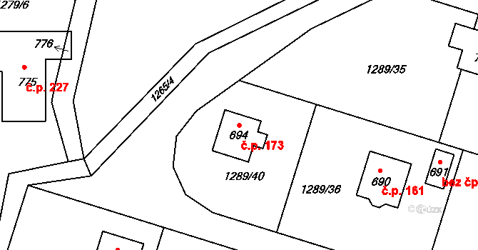 Božkov 173, Mnichovice na parcele st. 694 v KÚ Božkov u Mnichovic, Katastrální mapa