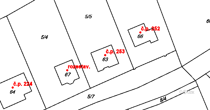 Komárov 253 na parcele st. 63 v KÚ Komárov u Mladějovic, Katastrální mapa