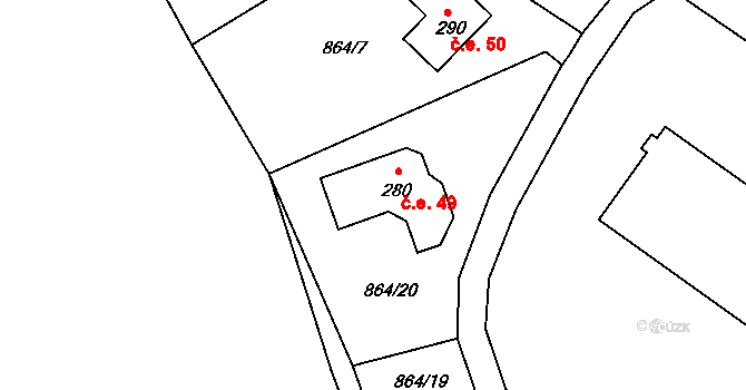 Smilovice 49, Chotilsko na parcele st. 280 v KÚ Prostřední Lhota, Katastrální mapa