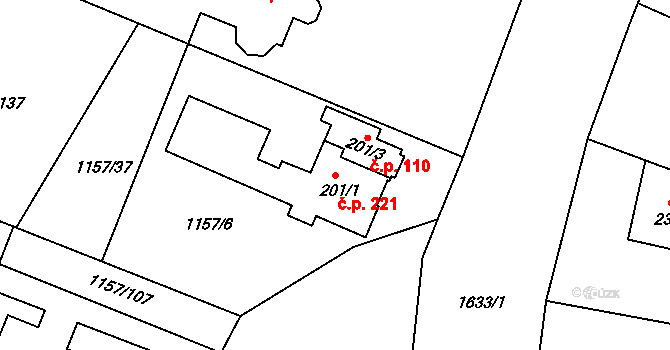 Hrabyně 221 na parcele st. 201/1 v KÚ Hrabyně, Katastrální mapa