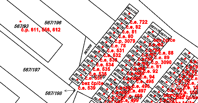Vyškov-Předměstí 533, Vyškov na parcele st. 567/70 v KÚ Vyškov, Katastrální mapa