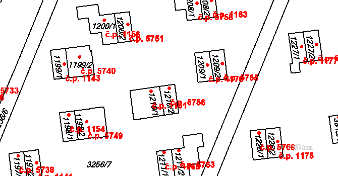Zlín 5756 na parcele st. 1210/2 v KÚ Zlín, Katastrální mapa