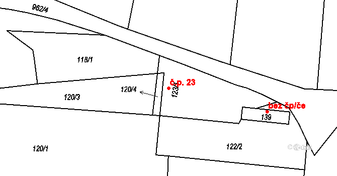 Nesvačily 23, Bystřice na parcele st. 123/1 v KÚ Nesvačily u Bystřice, Katastrální mapa