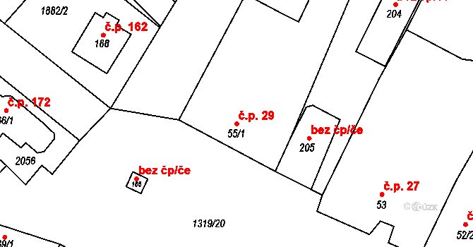 Křídlůvky 29 na parcele st. 55/1 v KÚ Křídlůvky, Katastrální mapa