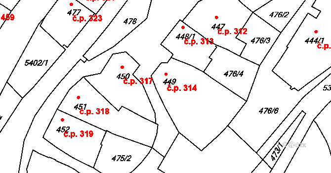 Vizovice 314 na parcele st. 449 v KÚ Vizovice, Katastrální mapa