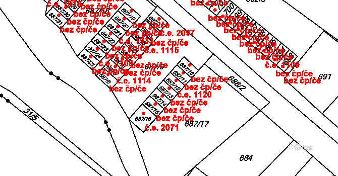Brno 39481794 na parcele st. 687/13 v KÚ Lesná, Katastrální mapa
