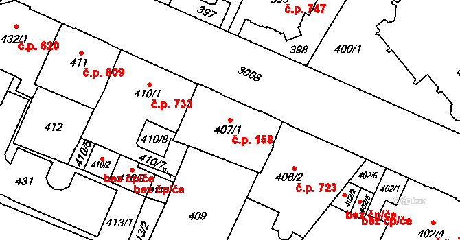 Předměstí 158, Opava na parcele st. 407/1 v KÚ Opava-Předměstí, Katastrální mapa