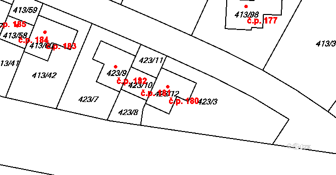 Lidice 180 na parcele st. 423/12 v KÚ Lidice, Katastrální mapa