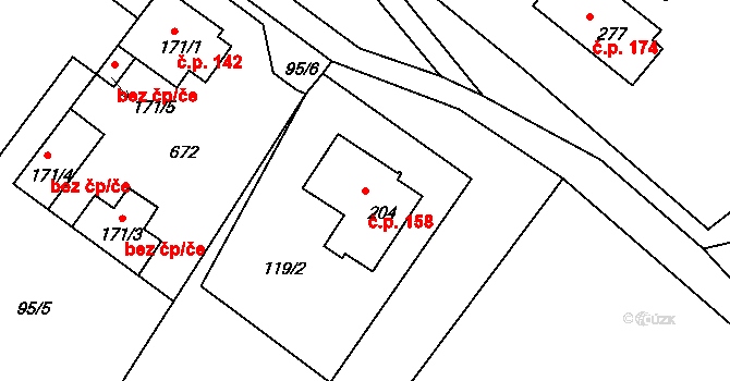 Jiřice 158, Kostelec nad Labem na parcele st. 204 v KÚ Jiřice u Kostelce nad Labem, Katastrální mapa
