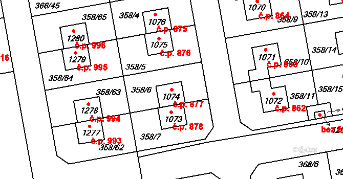 Nehvizdy 877 na parcele st. 1074 v KÚ Nehvizdy, Katastrální mapa