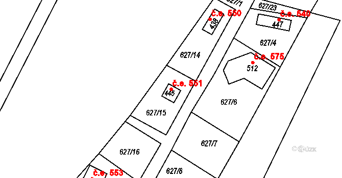 Chotouň 551, Pohoří na parcele st. 445 v KÚ Pohoří u Prahy, Katastrální mapa