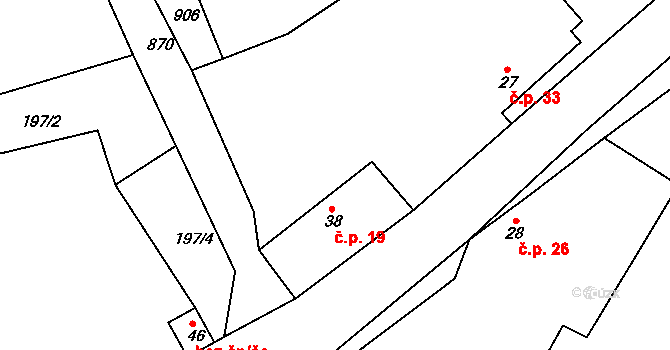 Rybníček 19 na parcele st. 38 v KÚ Rybníček u Habrů, Katastrální mapa