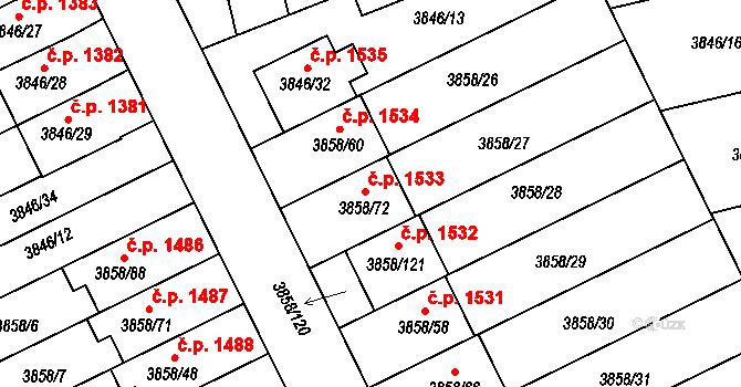 Chotěboř 1533 na parcele st. 3858/72 v KÚ Chotěboř, Katastrální mapa