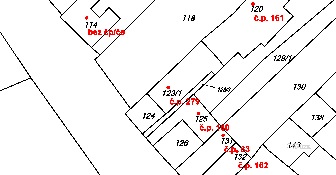 Hrušky 279 na parcele st. 123/1 v KÚ Hrušky, Katastrální mapa