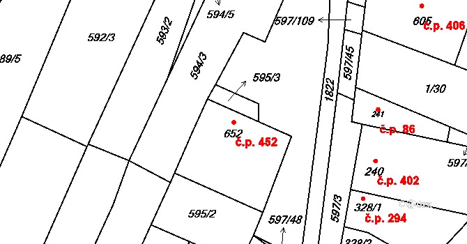 Šakvice 452 na parcele st. 652 v KÚ Šakvice, Katastrální mapa