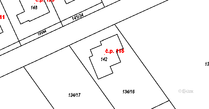 Zádub 115, Zádub-Závišín na parcele st. 142 v KÚ Zádub, Katastrální mapa