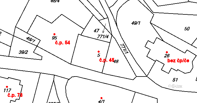 Těchlovice 45 na parcele st. 5 v KÚ Těchlovice nad Labem, Katastrální mapa