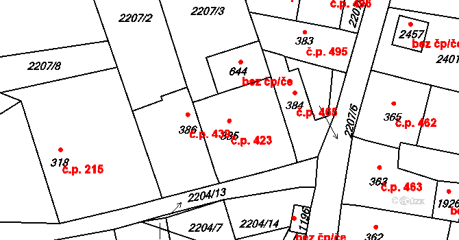 Trhové Sviny 423 na parcele st. 385 v KÚ Trhové Sviny, Katastrální mapa