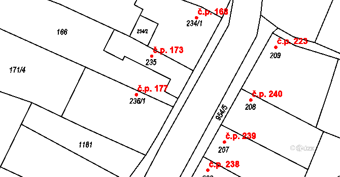 Rožďalovice 173 na parcele st. 235 v KÚ Rožďalovice, Katastrální mapa
