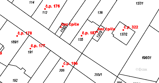 Kačice 187 na parcele st. 135 v KÚ Kačice, Katastrální mapa