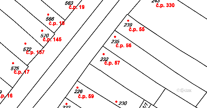Milokošť 57, Veselí nad Moravou na parcele st. 232 v KÚ Milokošť, Katastrální mapa