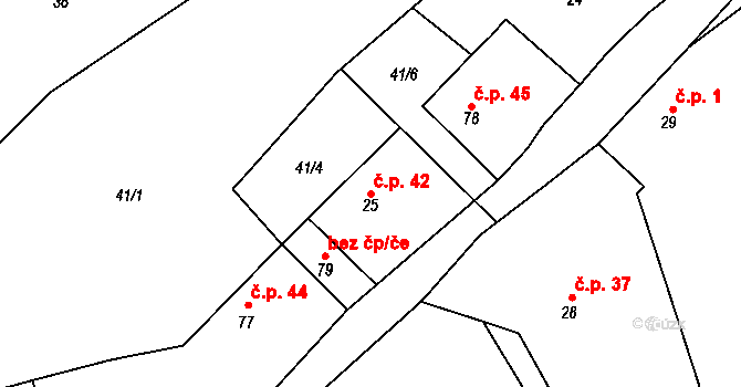 Měšetice 42, Sedlec-Prčice na parcele st. 25 v KÚ Měšetice, Katastrální mapa