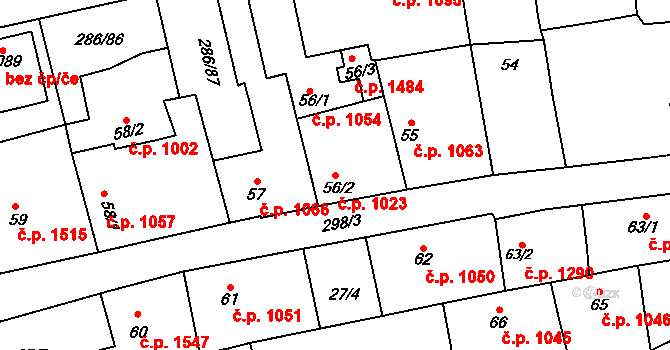 Švermov 1023, Kladno na parcele st. 56/2 v KÚ Hnidousy, Katastrální mapa