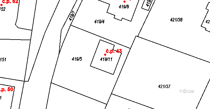 Kosice 43 na parcele st. 419/11 v KÚ Kosice, Katastrální mapa