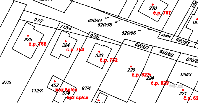 Chvalčov 732 na parcele st. 323 v KÚ Chvalčova Lhota, Katastrální mapa