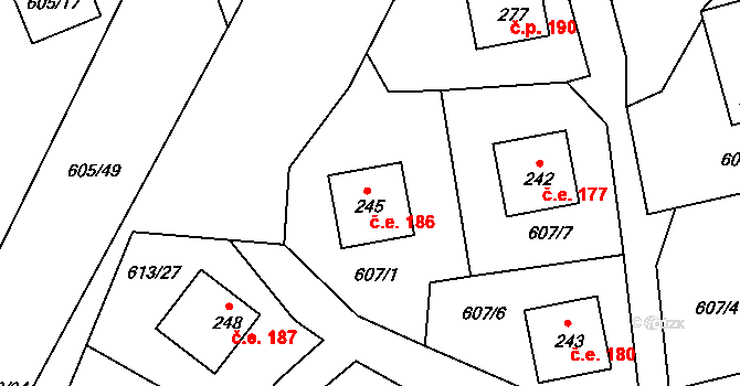 Komařice 186 na parcele st. 245 v KÚ Komařice, Katastrální mapa
