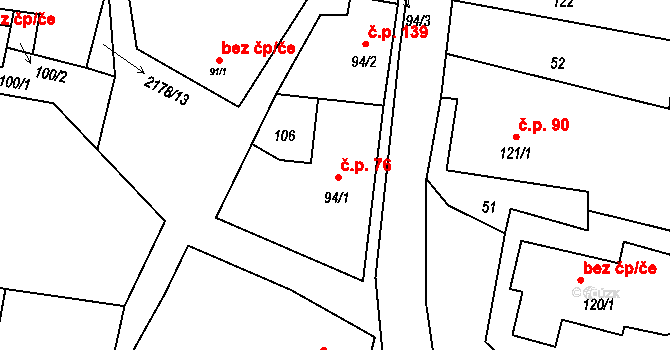 Borotín 76 na parcele st. 94/1 v KÚ Borotín u Tábora, Katastrální mapa