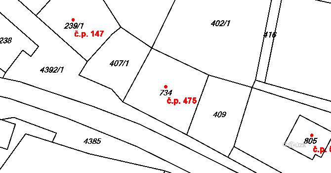 Heřmanovice 475 na parcele st. 734 v KÚ Heřmanovice, Katastrální mapa