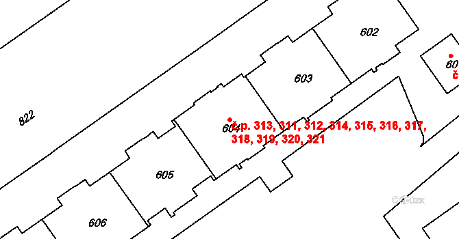 Střížkov 311,312,313,314,315,, Praha na parcele st. 610 v KÚ Střížkov, Katastrální mapa