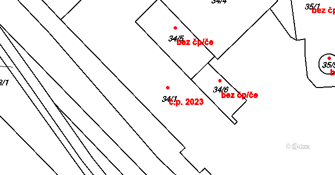Chomutov 2023 na parcele st. 34/1 v KÚ Chomutov II, Katastrální mapa