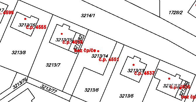 Chomutov 4551 na parcele st. 3213/14 v KÚ Chomutov II, Katastrální mapa