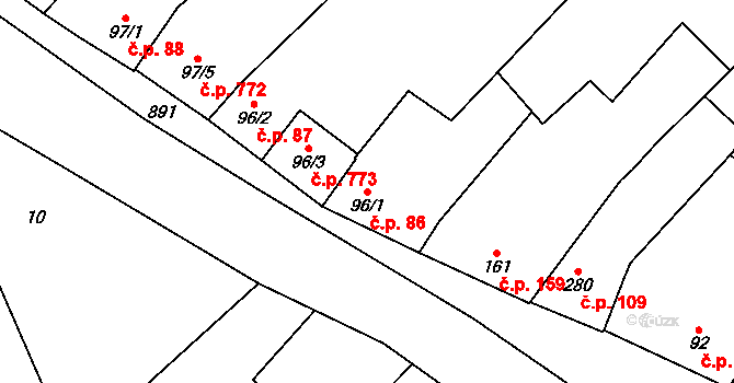 Vrahovice 86, Prostějov na parcele st. 96/1 v KÚ Vrahovice, Katastrální mapa