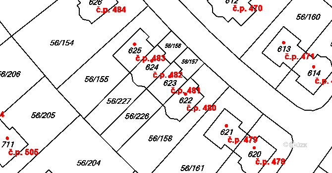 Hovorčovice 481 na parcele st. 623 v KÚ Hovorčovice, Katastrální mapa