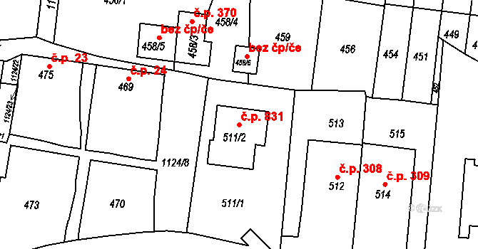 Prosek 831, Praha na parcele st. 511/2 v KÚ Prosek, Katastrální mapa