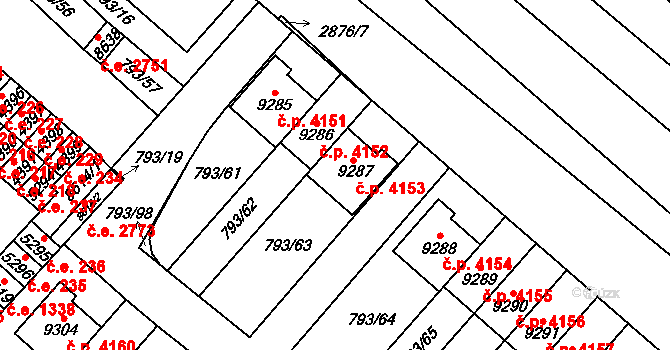 Hodonín 4153 na parcele st. 9287 v KÚ Hodonín, Katastrální mapa