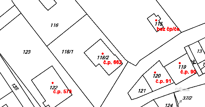 Hodkovice nad Mohelkou 662 na parcele st. 118/2 v KÚ Hodkovice nad Mohelkou, Katastrální mapa