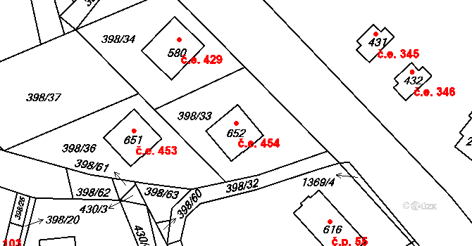 Klenovice 454, Milešov na parcele st. 652 v KÚ Orlické Zlákovice, Katastrální mapa