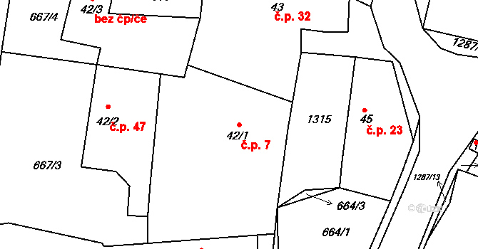 Teplýšovice 7 na parcele st. 42/1 v KÚ Teplýšovice, Katastrální mapa